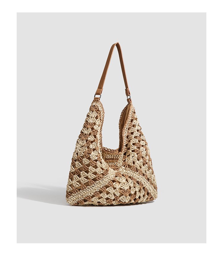 Single Shoulder Bag Stitching PU Zipper Straw Bag2025Summer Women's Bag