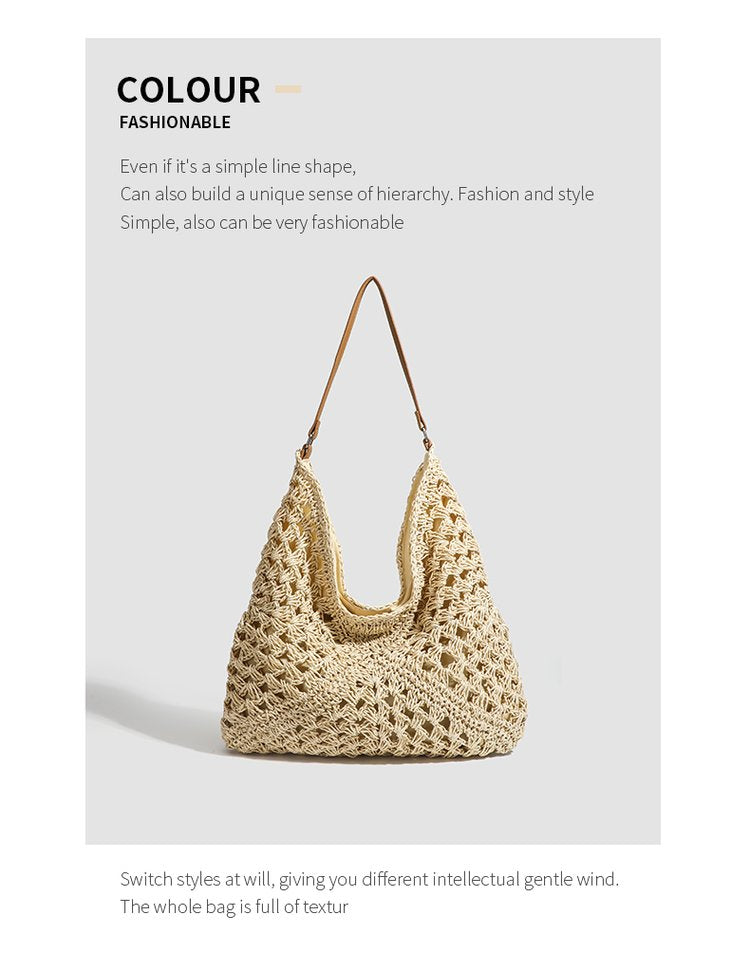 Single Shoulder Bag Stitching PU Zipper Straw Bag2025Summer Women's Bag