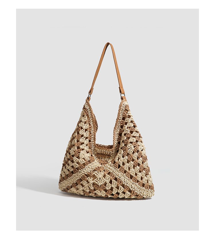 Single Shoulder Bag Stitching PU Zipper Straw Bag2025Summer Women's Bag