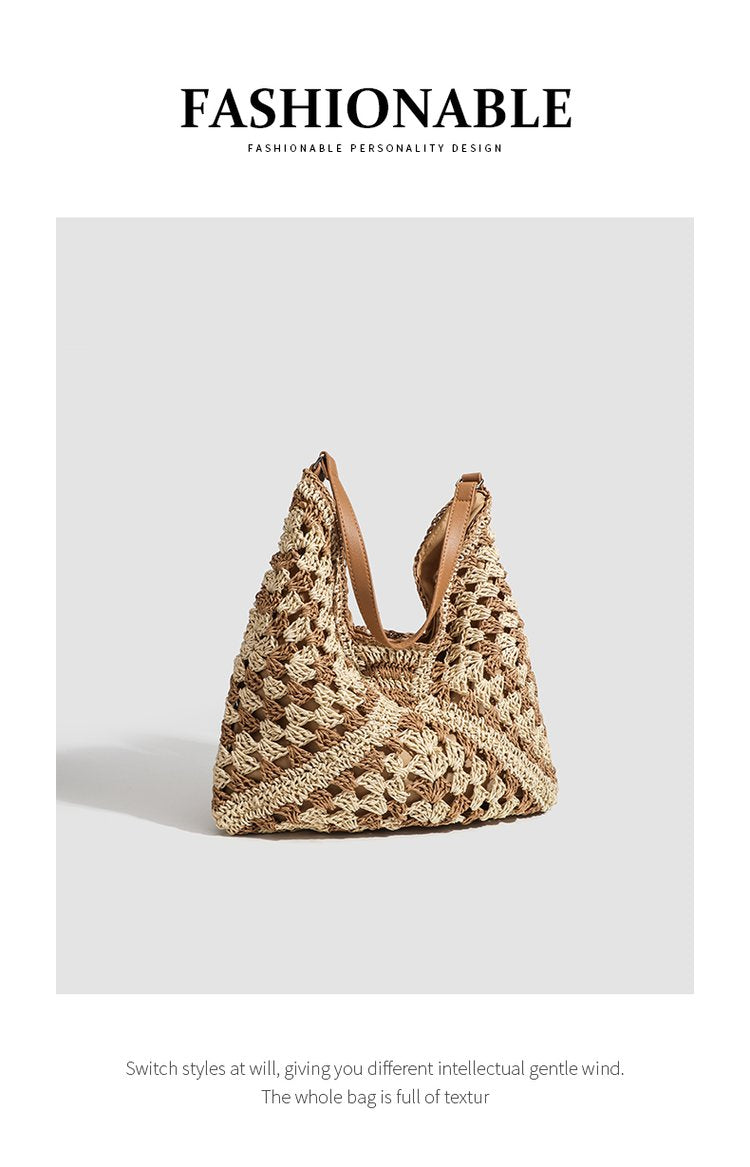Single Shoulder Bag Stitching PU Zipper Straw Bag2025Summer Women's Bag