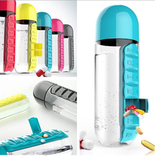 2 in 1 600ml 7 Grids Medicine Box Water Cup Sports Plastic Water Bottle Combine Daily Pill Boxes Organizer Drinking Bottle