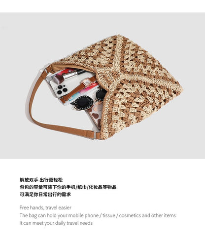 Single Shoulder Bag Stitching PU Zipper Straw Bag2025Summer Women's Bag