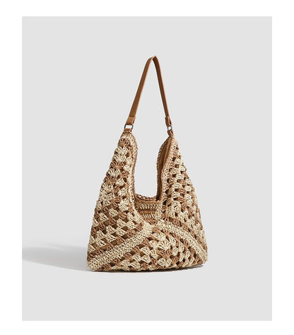 Single Shoulder Bag Stitching PU Zipper Straw Bag2025Summer Women's Bag