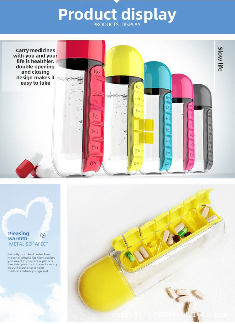2 in 1 600ml 7 Grids Medicine Box Water Cup Sports Plastic Water Bottle Combine Daily Pill Boxes Organizer Drinking Bottle