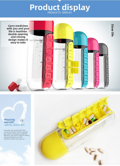 2 in 1 600ml 7 Grids Medicine Box Water Cup Sports Plastic Water Bottle Combine Daily Pill Boxes Organizer Drinking Bottle