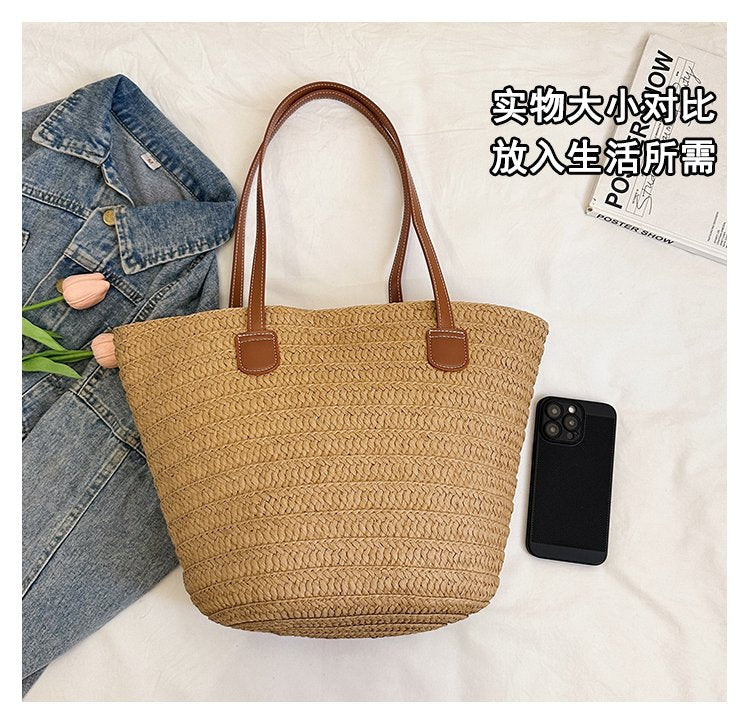 Straw Bag One Size2025Summer Straw Women's Bag Zipper Woven Tote Bag