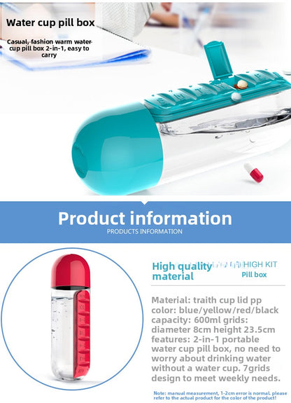 2 in 1 600ml 7 Grids Medicine Box Water Cup Sports Plastic Water Bottle Combine Daily Pill Boxes Organizer Drinking Bottle
