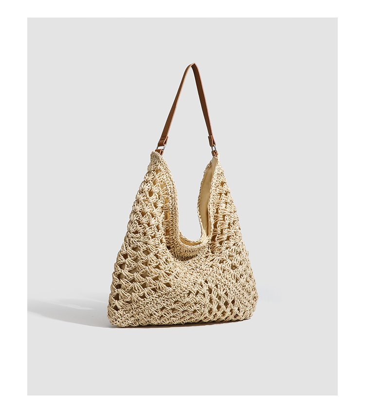 Single Shoulder Bag Stitching PU Zipper Straw Bag2025Summer Women's Bag