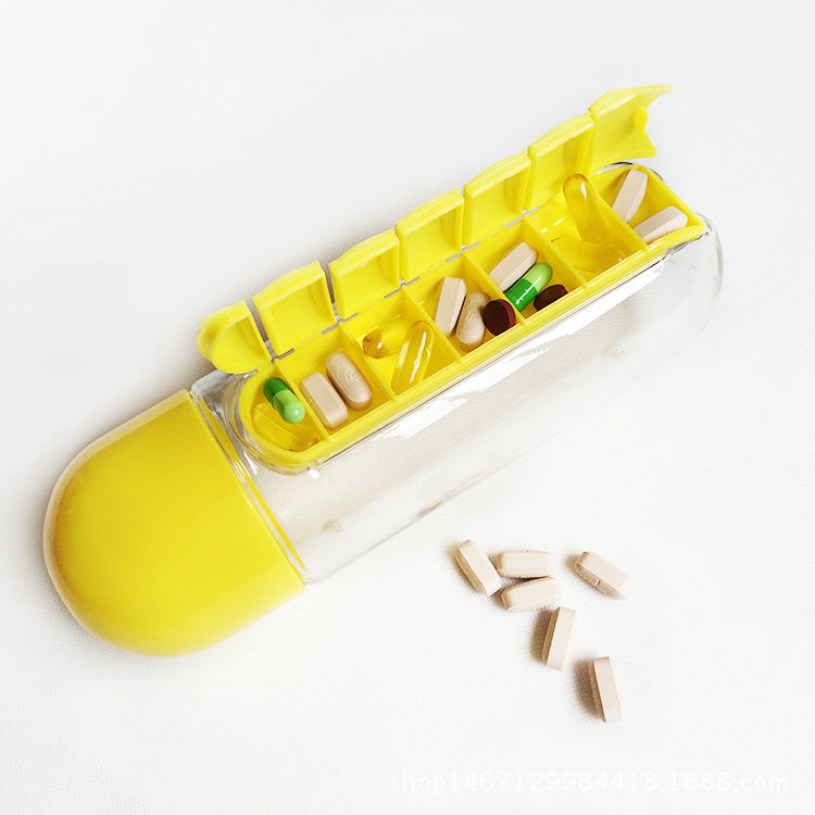 2 in 1 600ml 7 Grids Medicine Box Water Cup Sports Plastic Water Bottle Combine Daily Pill Boxes Organizer Drinking Bottle