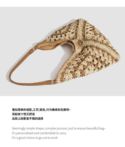 Single Shoulder Bag Stitching PU Zipper Straw Bag2025Summer Women's Bag