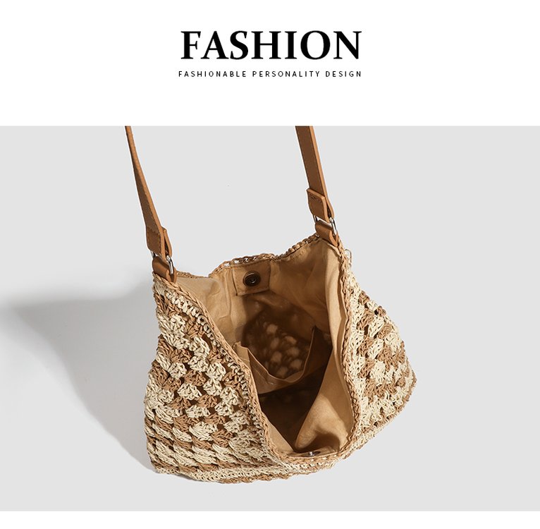 Single Shoulder Bag Stitching PU Zipper Straw Bag2025Summer Women's Bag