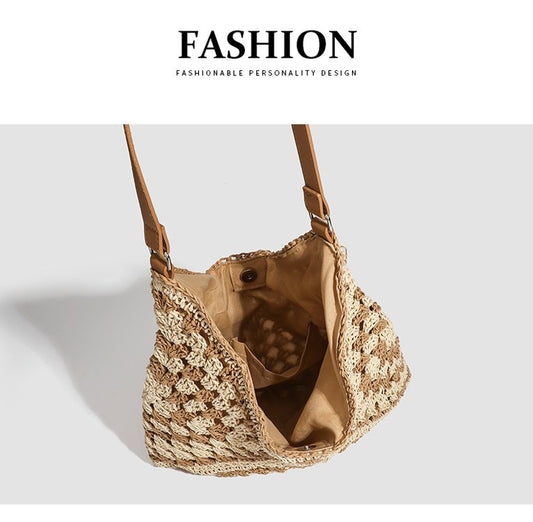 Single Shoulder Bag Stitching PU Zipper Straw Bag2025Summer Women's Bag