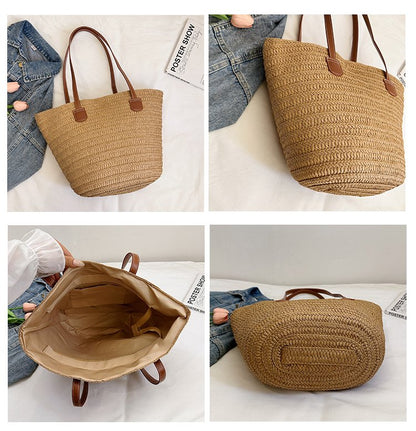 Straw Bag One Size2025Summer Straw Women's Bag Zipper Woven Tote Bag