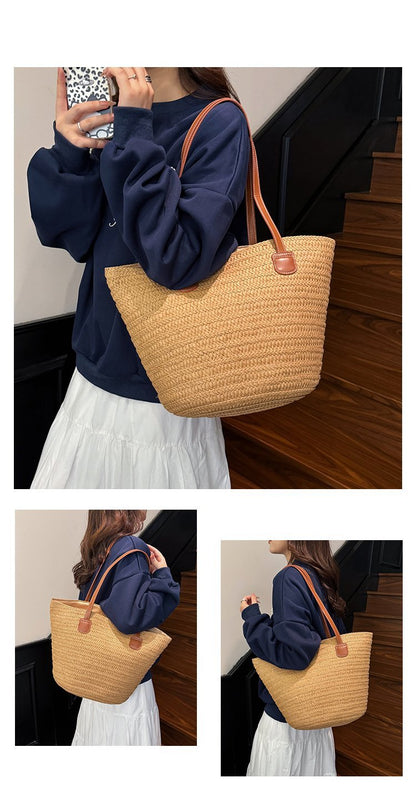 Straw Bag One Size2025Summer Straw Women's Bag Zipper Woven Tote Bag