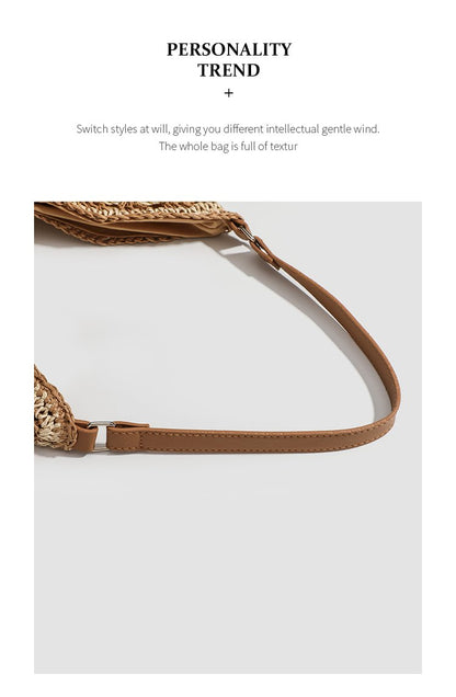 Single Shoulder Bag Stitching PU Zipper Straw Bag2025Summer Women's Bag