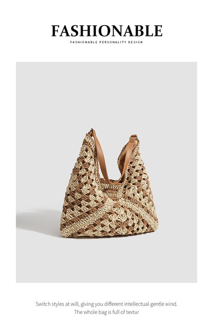 Single Shoulder Bag Stitching PU Zipper Straw Bag2025Summer Women's Bag
